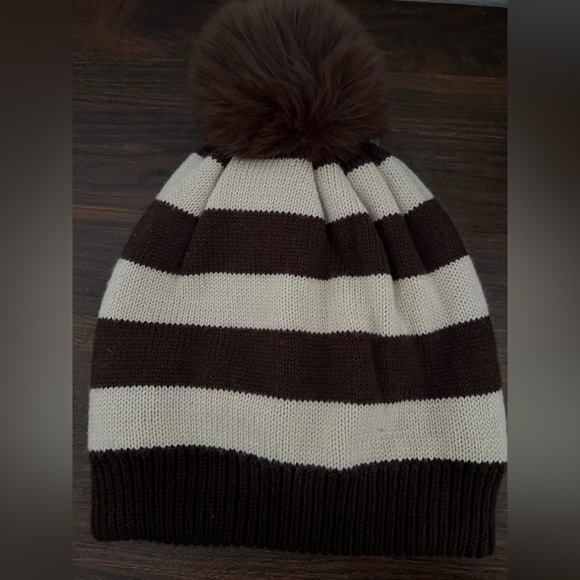 Offline by Aerie - Brown and Cream Striped Pom-Pom Beanie - Picture 2 of 2